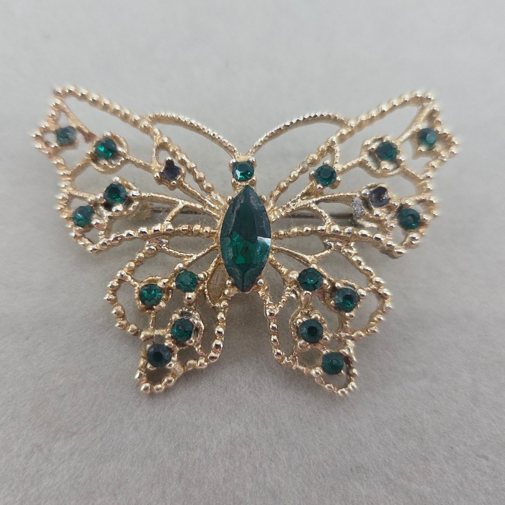 Avon Brooch Womens OS Butterfly Gold Green Rhinestone Filigree EUC